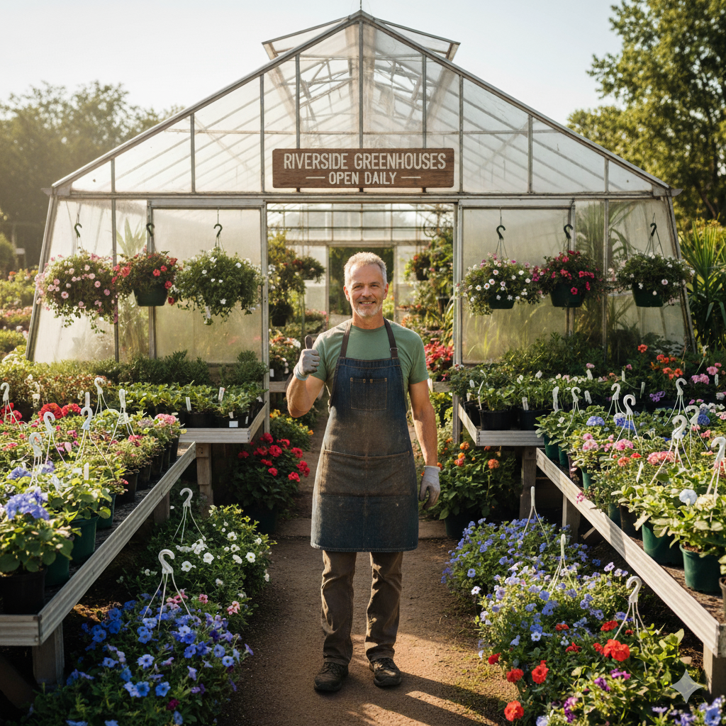 Owner of Riverside Greenhouses tending to plants